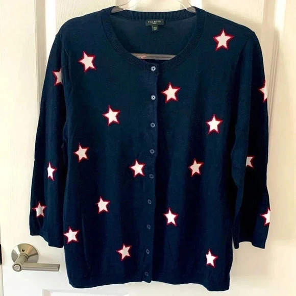 Talbots Navy Cardigan with red and white stars NWOT - Picture 1 of 7